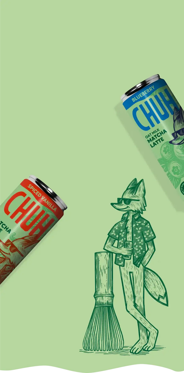 Two cans of Chup with a cartoon character on a green background