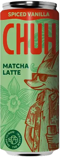 Can of spiced vanilla Chuh Matcha Latte with a design on the label.
