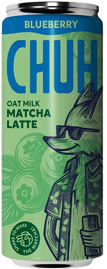 Can of Blueberry Chuh Oat Milk Matcha Latte with green and blue design.