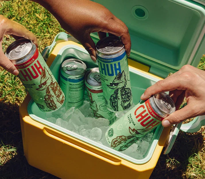 Chuh Matcha canned matcha lattes chilled in ice cooler organic ready-to-drink matcha