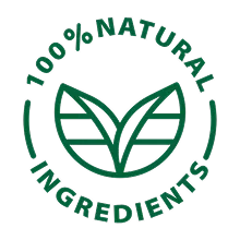 Logo with '100% Natural Ingredients' text and green leaves on a white background