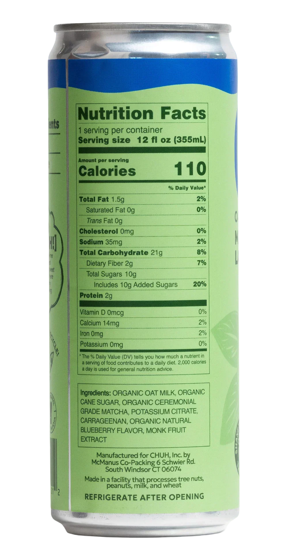 Nutrition facts label on a green can with blue accents