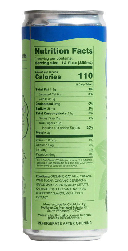 Nutrition facts label on a green can with blue accents