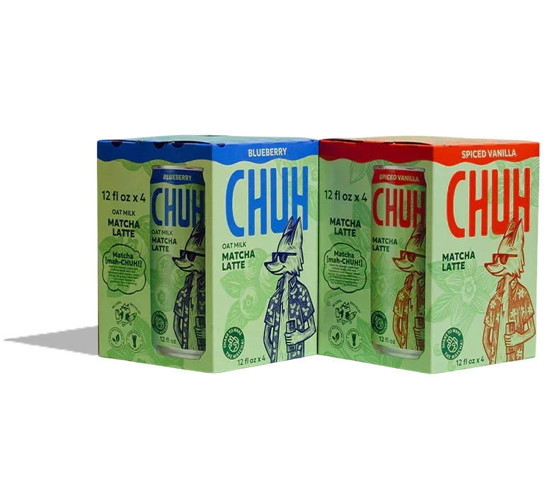 Four boxes of CHUH Matcha Lattes in blue, green, and red on a white background