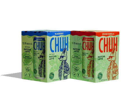Four boxes of CHUH Matcha Lattes in blue, green, and red on a white background