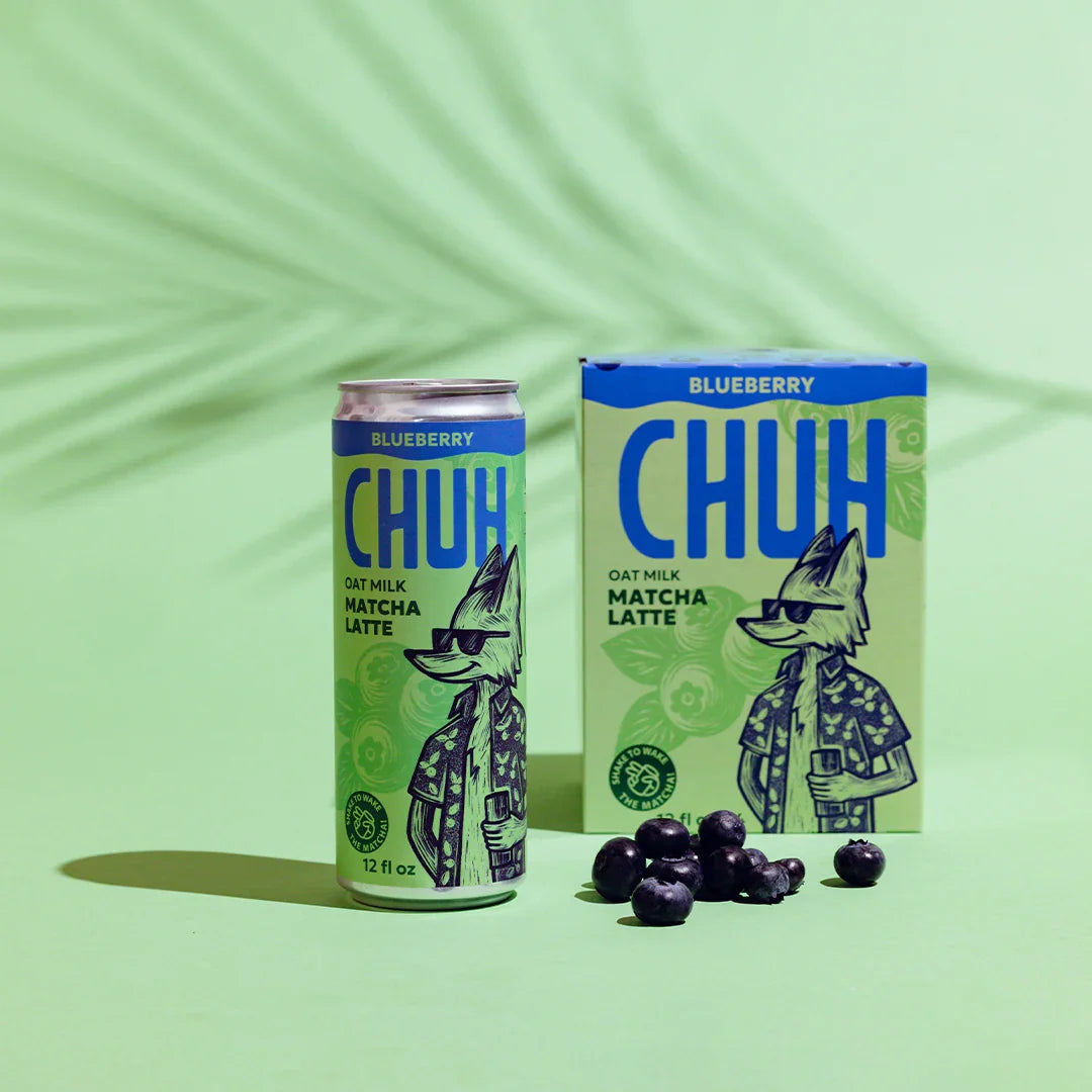 Green can and box of Blueberry Chuh Oat Milk Matcha Latte