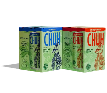 Four boxes of CHUH Matcha Latte drinks in blue, green, and red packaging on a white background.